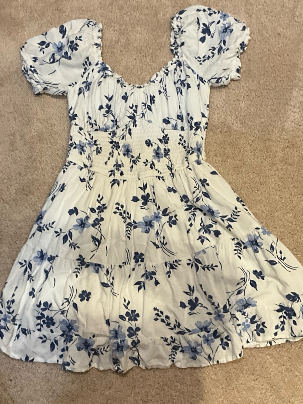 Hollister White Dress with Blue Floral Print and Puff Sleeves